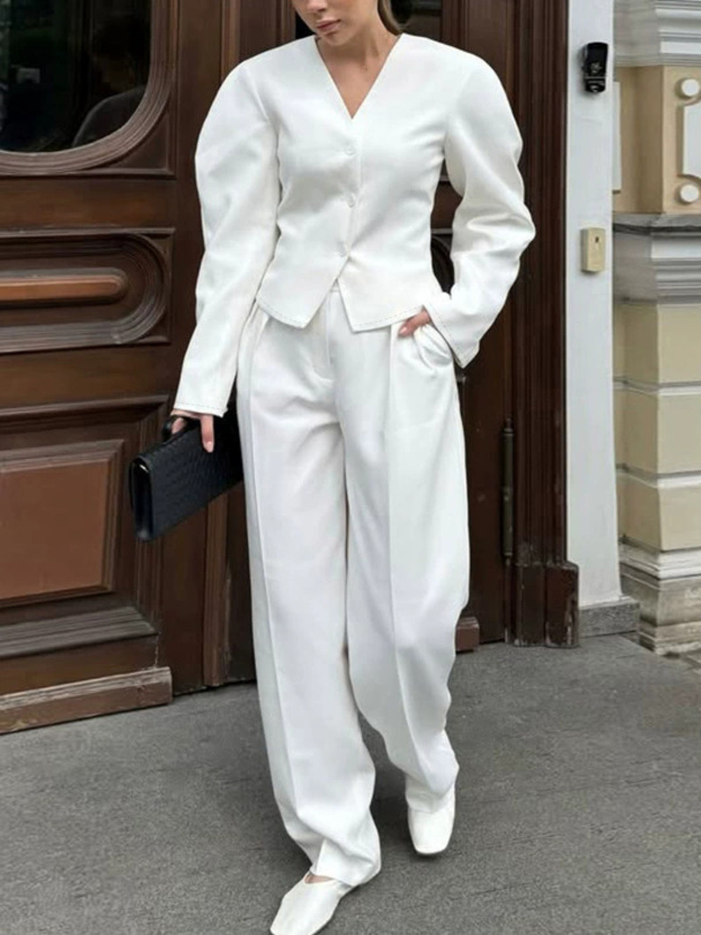 Forever 21 Vintage Fall Office Suit White Puff Sleeve Blazer Pants Set